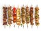 Generative AI Grilled meat skewers variety isolated on white, Souvlaki chicken and pork, kebab doner. Greek grill