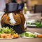 Generative AI guinea pig wearing a dressed up top hat sitting in front of a plate of green vegetables.