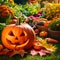 Generative AI Halloween pumpkin in a sunny garden