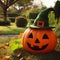 Generative AI Halloween pumpkin in a sunny garden
