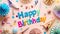 Generative AI Happy birthday party background with text and colorful tools, top view business concept.