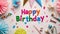 Generative AI Happy birthday party background with text and colorful tools, top view business concept.