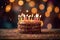 Generative AI. Happy birthday party concept, minimalistic background. Sweet chocolate cake with and candles. Dark Bokeh