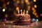 Generative AI. Happy birthday party concept, minimalistic background. Sweet chocolate cake with and candles. Dark Bokeh