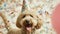 Generative AI Happy cute labradoodle dog wearing a party hat celebrating at a birthday party, surrounding by falli