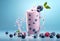 Generative AI Healthy breakfast and dieting concept Bottle of fresh vegan milk coconut flakes ripe raspberry and b