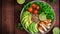 Generative AI Healthy salad bowl with quinoa, tomatoes, chicken, avocado, lime and mixed greens, lettuce, parsley