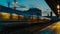 Generative AI High speed train in motion on the railway station at sunset Moving blue modern intercity passenger t