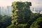 Generative AI idea of a green city, featuring skyscrapers enveloped in verdant foliage