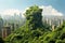 Generative AI idea of a green city, featuring skyscrapers enveloped in verdant foliage