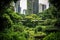 Generative AI idea of a green city, featuring skyscrapers enveloped in verdant foliage