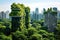 Generative AI idea of a green city, featuring skyscrapers enveloped in verdant foliage