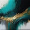 Generative AI illustration of abstract oil painting on textured canvas with lovely turquoise, grey and gold filaments interaction