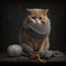 Generative AI illustration of adorable cat near wool yarn ball