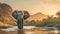 Generative ai illustration of African male elephant with mountain and river