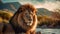 Generative ai illustration of a African male Lion with mountain and river