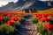 Generative AI illustration of beautiful Alpine poppy field landscape with log cabin and mountain range in background