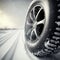 Generative AI illustration of black car wheel driving on snowy road in cold winter time during snowfall