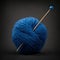 Generative AI illustration of blue woolen yarn ball with needle on black background