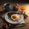 Generative ai illustration. Breakfast time. A healthy plate for the new day toast, eggs&  with a cup of freshly brewed coffee and 