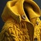Generative AI illustration of bright yellow knitted cardigan with hood and brown buttons
