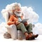 Generative ai illustration of cartoon senior man sitting on a cloud using laptop