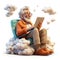 Generative ai illustration of cartoon senior man sitting on a cloud using laptop