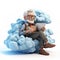 Generative ai illustration of cartoon senior man sitting on a cloud using laptop