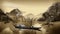 Generative AI illustration of Chinese Japanese Sumi-e style of Asian landscape peaceful Zen Buddhist image