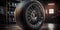 Generative AI illustration of contemporary car wheel with glossy tire and shiny metal rim placed in workshop