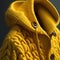 Generative AI illustration of cozy yellow knitted sweater with hood and brown buttons on gray background