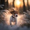 Generative AI illustration of cute adorable jack russell puppy dog in snowy Winter landscape scene