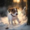 Generative AI illustration of cute adorable Jack Russell puppy dog in woodland landscape witrh sunrise light glowing through the