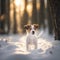 Generative AI illustration of cute adorable Jack Russell puppy dog in woodland landscape witrh sunrise light glowing through the