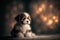 Generative AI illustration of cute adorable Jack Russell Shih Tzu puppy dog in front of Christmas tree bokeh lights