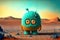 Generative AI illustration of cute adorable little alien abandoned on lonely planet with desert landscape