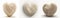 Generative AI illustration of different beige knitted hearts on white background made of yarn