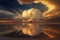 Generative AI illustration dramatic epic landscape of beautiful salt plains with dramatic cloud formations reflected in the low