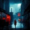 Generative AI illustration of dreamy conceptual image of solitary person walking through rainy city at night