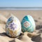 Generative AI illustration of Easter eggs with ornament placed on sand