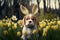 Generative AI illustration of Easter theme image of cute adorable puppy wearing false Easter Bunny ears in forest landscape