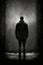 Generative AI Illustration.A gloomy dark concept of a dark figure of a man shrouded in fog and standing with his