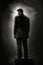 Generative AI Illustration.A gloomy dark concept of a dark figure of a man shrouded in fog and standing with his back to