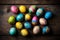 Generative AI illustration of hand painted Easter eggs on vintage wooden tabletop