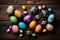 Generative AI illustration of hand painted Easter eggs on wooden vintage table background