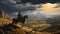 Generative ai illustration of horseman on top of a hill, detailed, path up the hill, vast landscape