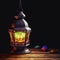 Generative AI Illustration of Illuminate Arabic Lamps, Ethnic Clay Models on Shiny Wooden Background. Eid Mubarak