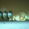 Generative AI illustration of a industrial chemical facility at night with blowing snow