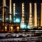 Generative AI illustration of a industrial chemical facility at night with blowing snow