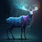 Generative AI Illustration of irridescent vibrant Red Deer Stag with antlers in woodland